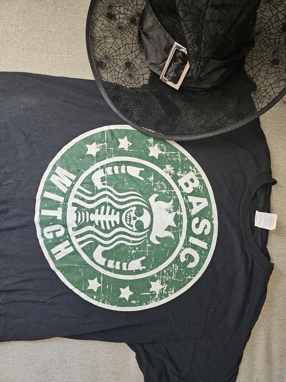 Black Short-Sleeve Tee with Distressed Green & White 'Basic Witch' Logo